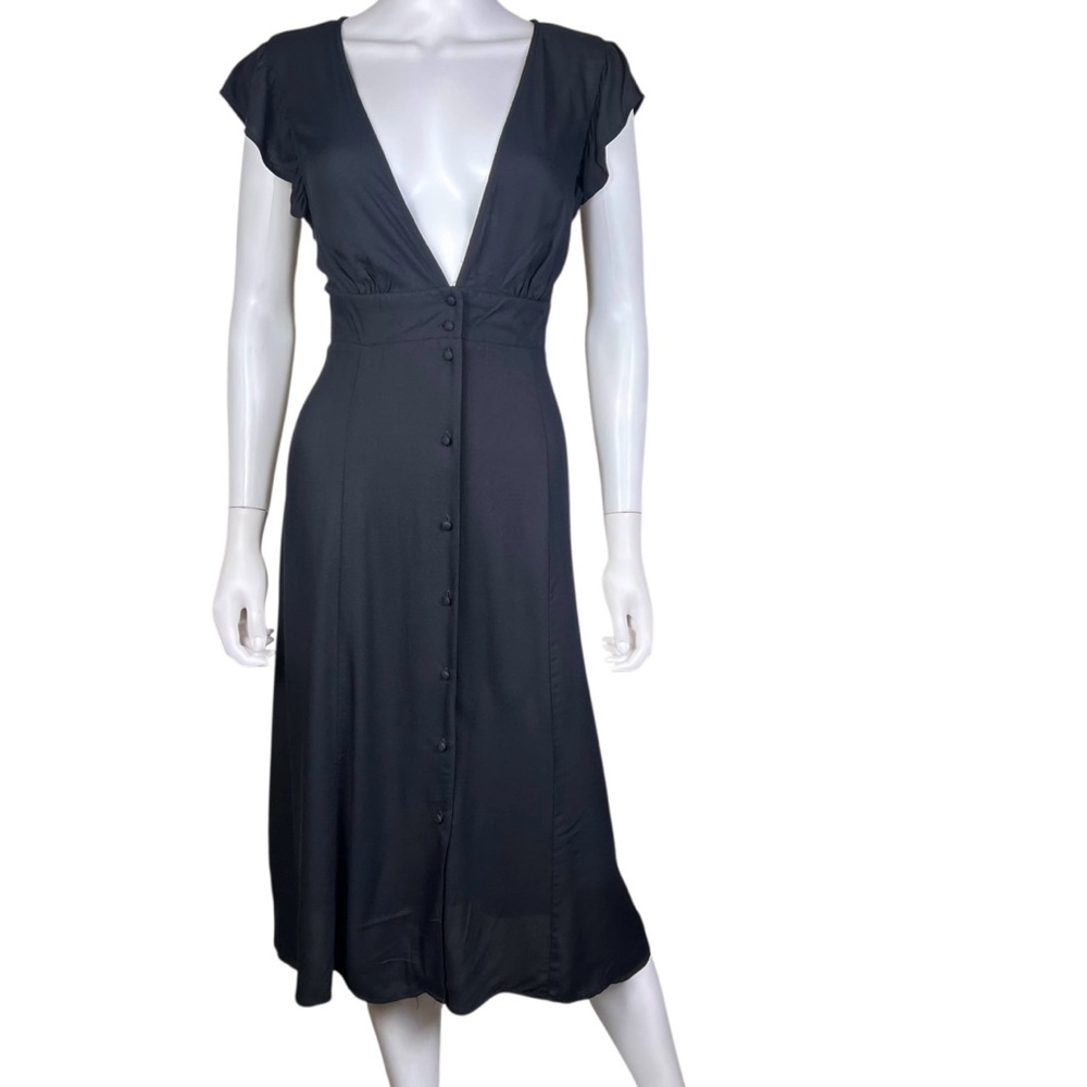 New Forever 21 Contemporary Deep Plunge V-Neck Black Midi Dress - Picture 3 of 10